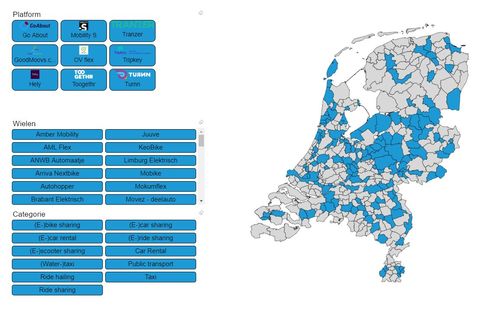 De MaaSkaart van MaaSkaart.nl laat zien dat deelsystemen nog lang geen landelijke dekking hebben.